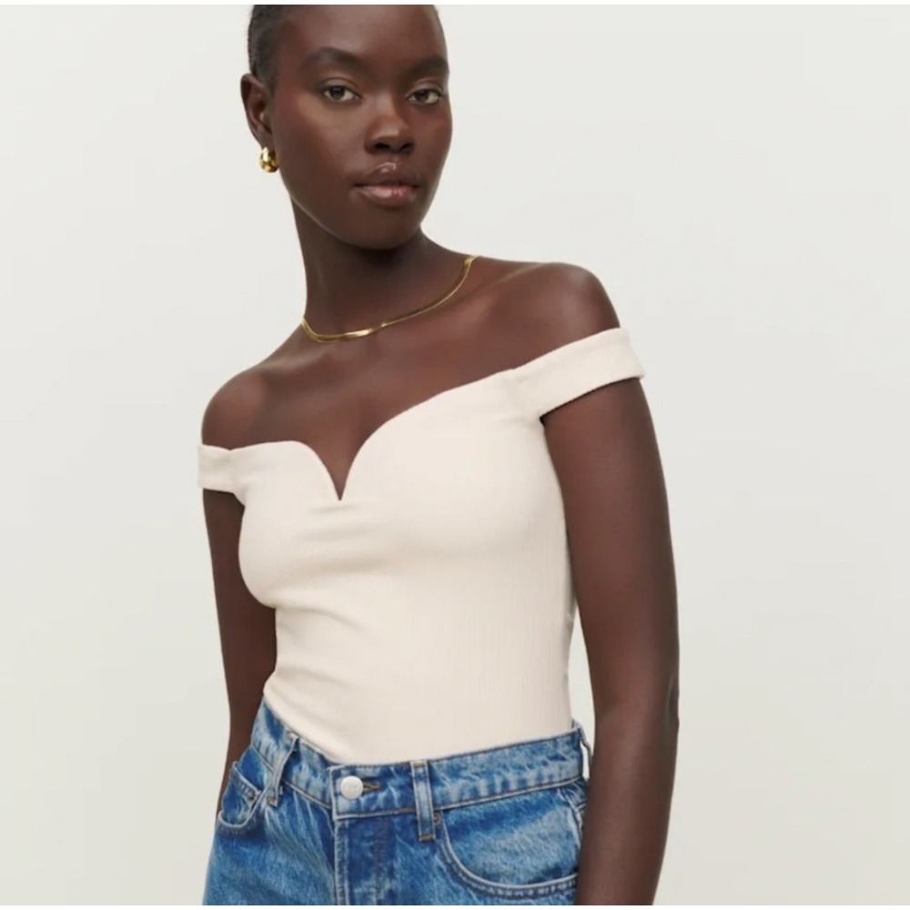 Reformation Cream Ribbed Off The Shoulder Sweetheart Top Beige S Quiet Luxury